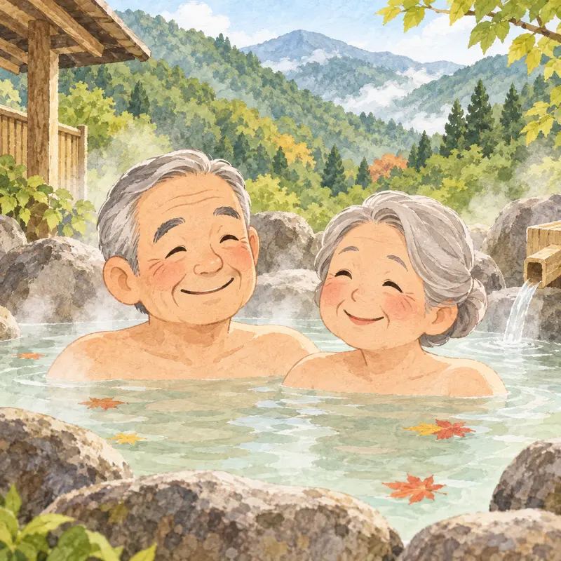 山あいの温泉でくつろぐシニア夫婦の水彩イラスト