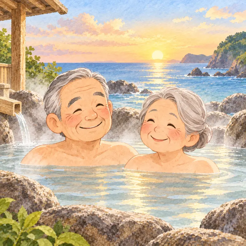 熱海の海と温泉街を眺めるシニア夫婦の水彩イラスト