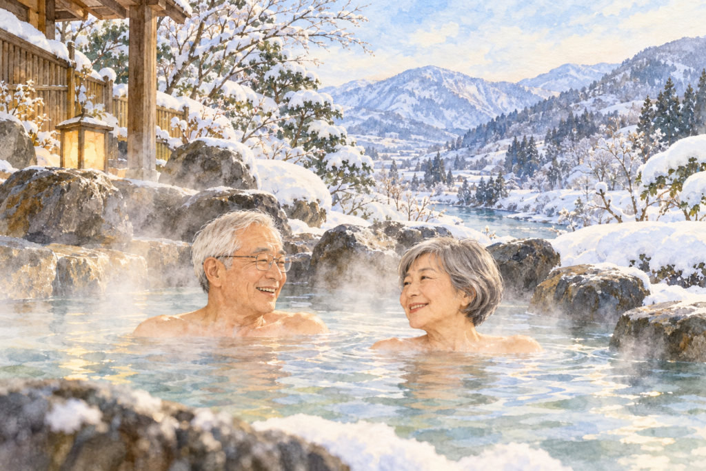 雪景色の露天風呂でくつろぐシニア夫婦の水彩イラスト