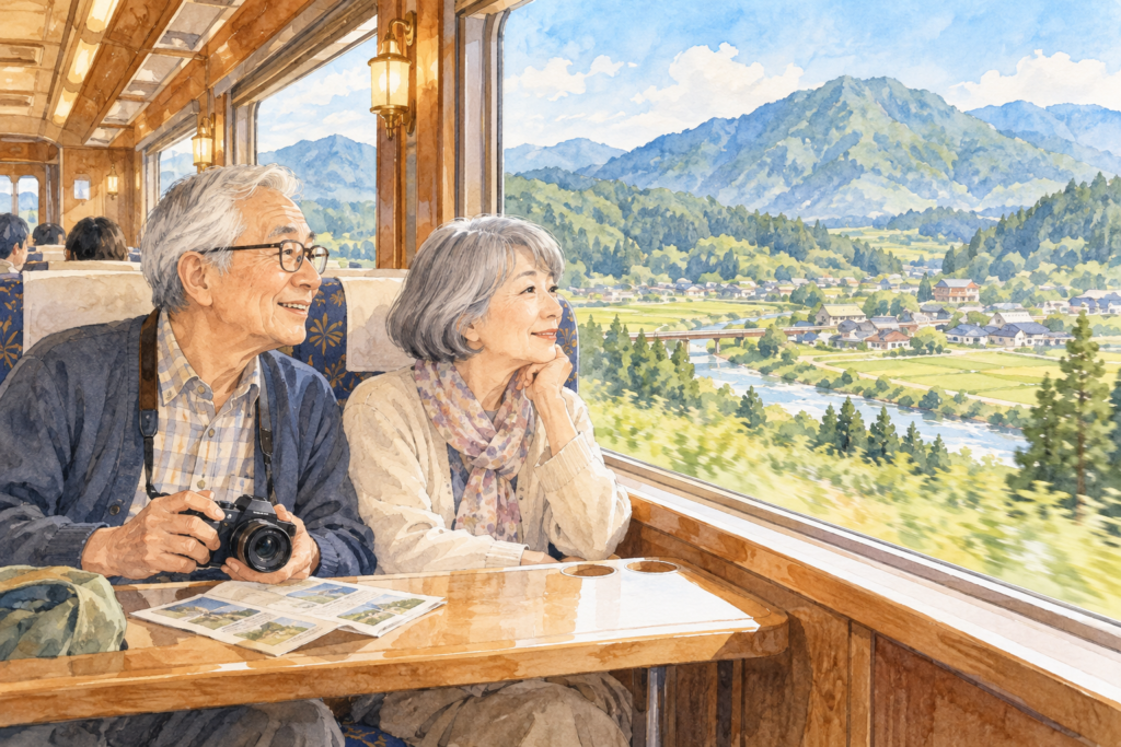 列車の旅を楽しむシニア夫婦のイラスト