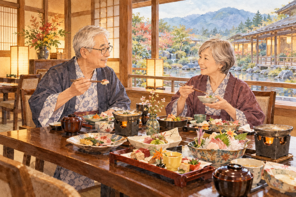 旅館で和食を楽しむシニア夫婦の水彩イラスト