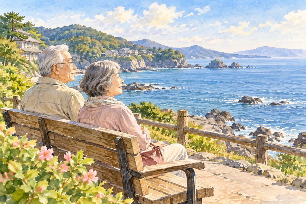 海辺のベンチで景色を楽しむシニア夫婦の水彩イラスト