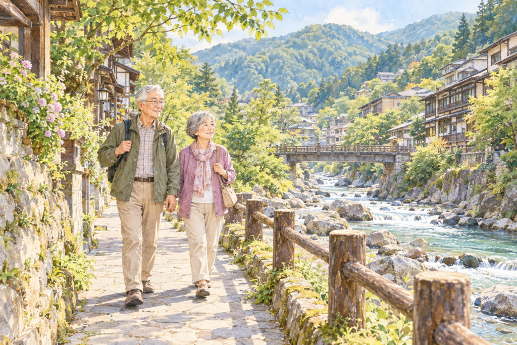 湖畔で景色を楽しむシニア夫婦の水彩イラスト