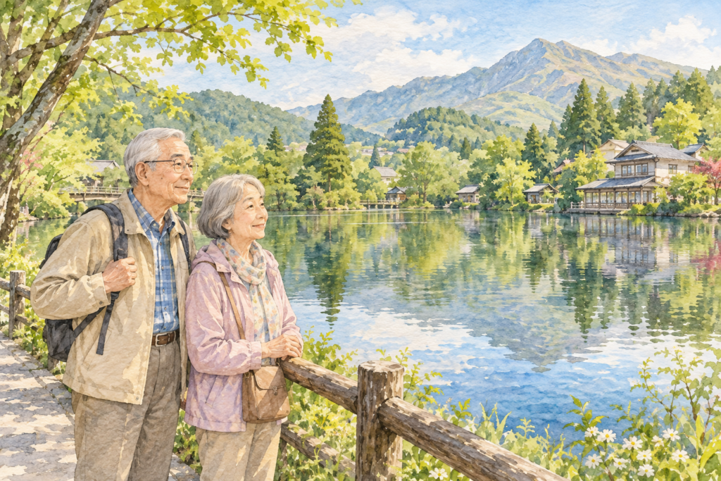 湖畔で景色を楽しむシニア夫婦の水彩イラスト