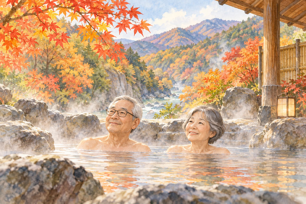紅葉に囲まれた露天風呂でくつろぐシニア夫婦の水彩イラスト