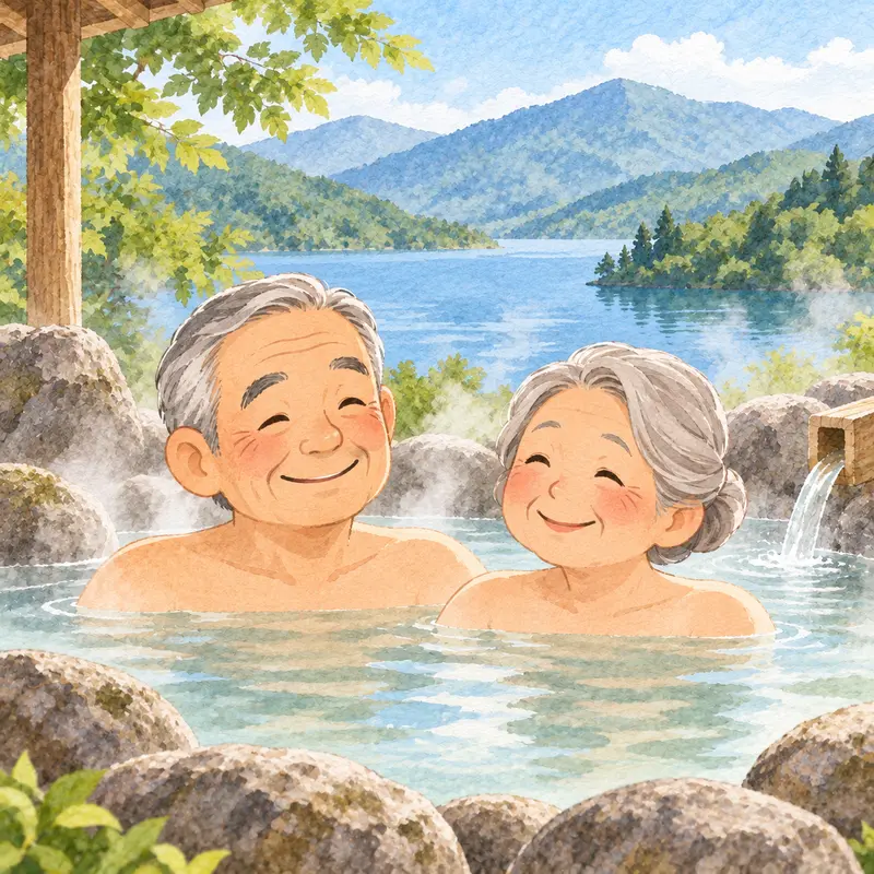 山あいの温泉でくつろぐシニア夫婦の水彩イラスト
